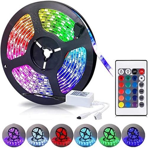 پک کامل ریسه نواری SMD مدل 5050 RGB(هفت رنگ) پشت چسب دار 5 متری(ریسه،آداپتور،ریموت)